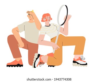 Man looking for something and woman hold magnifying glass or loupe. Business metaphore for search or research, development, web surfing. Trendy outline characters for web or ui design.