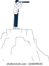 Man looking in spyglass on mountain. Future vision concept