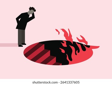 Man looking at stairs chat shape burning in flame illustration