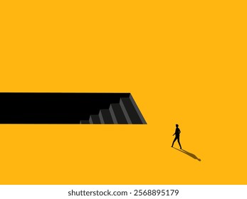 man looking at stairs leading down to basement. Crisis concept, Shelter vector