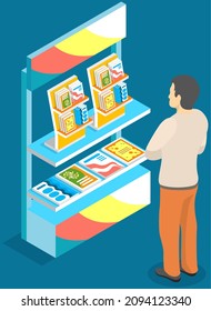 Man Looking At Stand With Books. Advertising Company, Promotion, Distribution Concept. Male Character Choosing Magazines, Catalogs With Advertisement. Person Near Announcements, Books On Rack