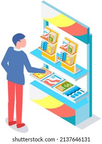 Man Looking At Stand With Books, Brochures. Advertising Company, Promotion, Distribution Concept. Male Choosing Product Catalogs, Magazines. Man Near Journal, Literature Exhibition On Rack