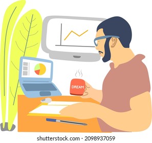 A man is looking at statistical data on a laptop while drinking coffee
