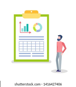 Man looking at statistics and info on board vector, clipboard with information in visual representation, infochart and pie diagram colored isolated