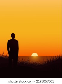 
a man looking at the sunset with silhouette style