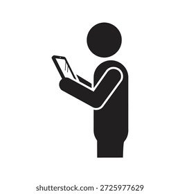 Mann suchen Tablet-Symbol mit digitalen Gerät Lesescreen für Internet-Browsing Social Media-Technologie und Smart Pad-Verbindung