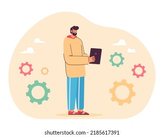 Mann, der sich Tablet-Bildschirm flach Vektorgrafik. Programmierer, der am Tablet arbeitet. Programmierung, Software, Entwicklung, Einsatzkonzept für Banner, Website-Design oder Landing-Website