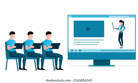 man looking at tablet screen, online study and work from home concept vector illustration