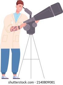 Man looking in telescope. Astronomy research. Scientist character isolated on white background