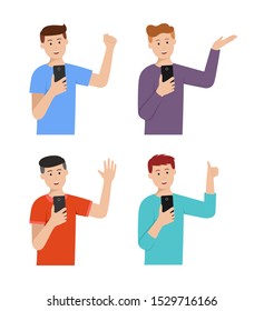 Man looking at their cell phone with different pose and happy face. vector illustration set.