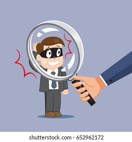 Man looking thief hide in businessman through magnifying glass, vector illustration cartoon
