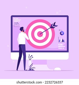 Man looking and thinking at computer screen with shooting target and arrow in center. Concept of digital targeting marketing strategy, business goal, objective of startup project