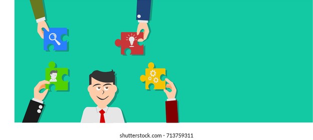 Man looking and thinking of puzzle pieces holding by hands with bulb, gears, magnifier and people icon