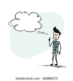 Man looking at the thought bubble, Cartoon Hand Drawn Vector Background.
