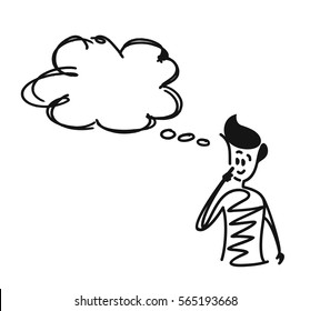 Man looking at the thought bubble, Cartoon Hand Drawn Vector Background.