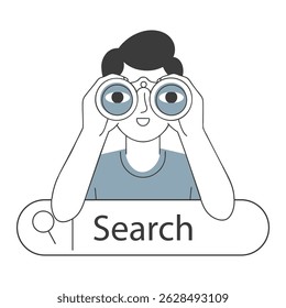 Hombre mirando a través de binoculares encima de la barra de búsqueda. Ilustración para motor de búsqueda o investigación.