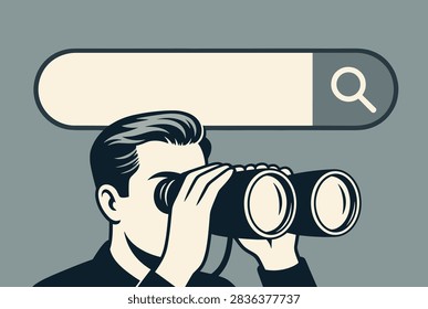 Man looking through binoculars below a blank search bar symbolizing search engines, research, monitoring, and seeking information online.