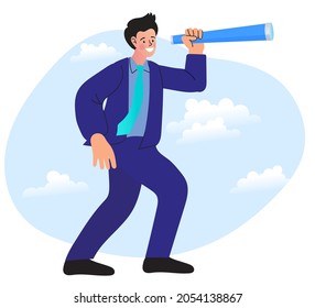 Man looking through binoculars. Business metaphore for search or research. flat vector illustration concept of digital data on computer. Searching for employee for business team.