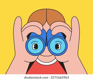 A man looking through binoculars cartoon illustration hand drawn retro for exploration and adventure  design