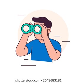 Man looking through binoculars. Exploration and search concept.