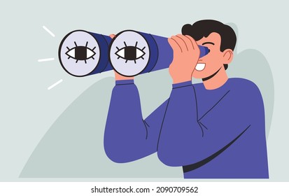 Mann, der durch Fernglas schaut. Handgezeichnete Vektorgrafik mit bunten Cartoons. 