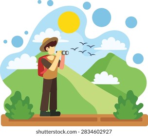 Man looking through binoculars in nature illustration
