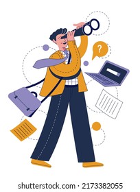 Man looking through binoculars on the subject of searching of future opportunities, decisions, new business ideas. Business research and development concept. Vector illustration