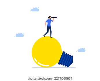 man looking through binoculars on a big light bulb. brainstorming and looking to the future vector illustration