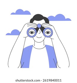 Man looking through binoculars in search of future opportunities and new ideas. Minimalist illustration.