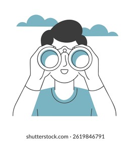 Man looking through binoculars in search of new ideas and future opportunities. Minimalist illustration.