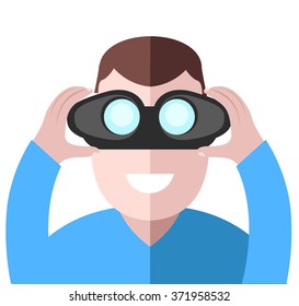 Man looking through binoculars. Search binoculars vector illustration. Binoculars in the hands of man. Detective watching.
