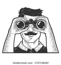Man looking through binoculars sketch engraving vector illustration. T-shirt apparel print design. Scratch board imitation. Black and white hand drawn image.
