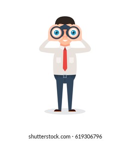 Man looking through binoculars and smiling. Vector illustration in cartoon style isolated on white background