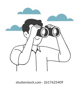 Man looking through binoculars or a telescope in search of future opportunities and new ideas. Minimalist illustration.