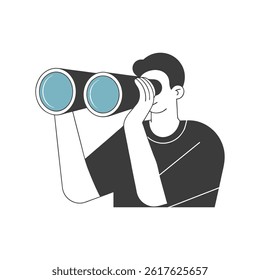 Man looking through binoculars or a telescope in search of future opportunities and new ideas. Minimalist illustration.