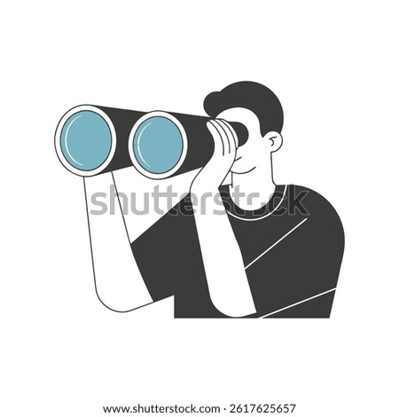 Man looking through binoculars or a telescope in search of future opportunities and new ideas. Minimalist illustration.
