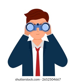 Homem olhando através de binóculos. Estamos contratando, recrutando. Empresário vendo novo conceito de vetor de oportunidades