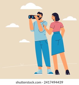 Man looking through binoculars and a woman woman is pointing the direction. Business metaphor for search or web surfing and development.