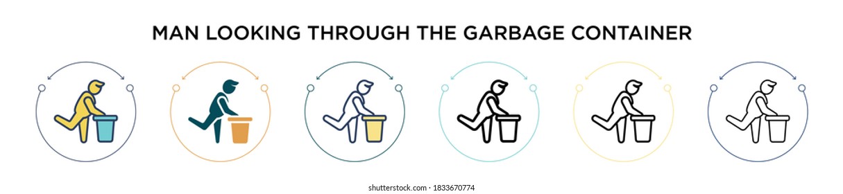 Man looking through the garbage container icon in filled, thin line, outline and stroke style. Vector illustration of two colored and black man looking through the garbage container vector icons 