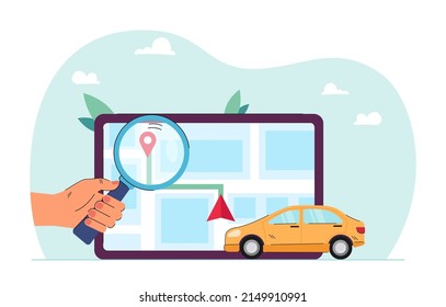 Man looking through loupe at car route on mobile map app. Persons hand holding magnifying glass flat vector illustration. GPS service, location concept for banner, website design or landing web page