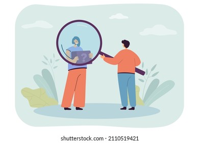 Man looking through magnifier at girl holding tablet with interrogation mark. Survey of target audience flat vector illustration. Focus group concept for banner, website design, landing web page