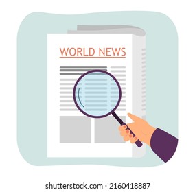 Man looking through magnifier at newspaper with world news. Hand holding loupe to read latest articles flat vector illustration. Publication concept for banner, website design or landing web page