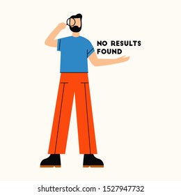 Man looking through magnifier and shrugging shoulders. No search found concept. Flat vector illustration