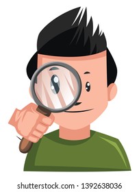 Man looking through a magnifying glass on white background vector illustration.