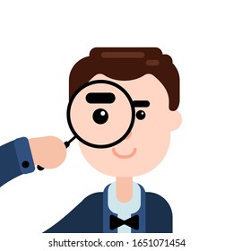 Man looking through a magnifying glass. Nit-picking concept. Vector flat illustration.