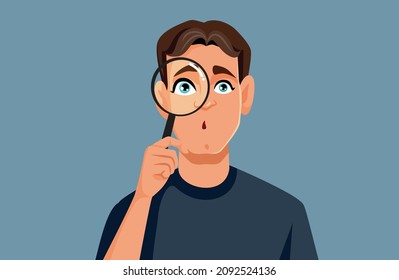 
Man Looking Through a Magnifying Glass vector Illustration. Curious guy checking with zoom magnifier
