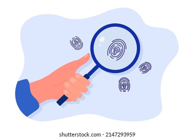 Man looking through magnifying glass at fingerprints. Hand holding loupe for identification flat vector illustration. Identity, evidence concept for banner, website design or landing web page