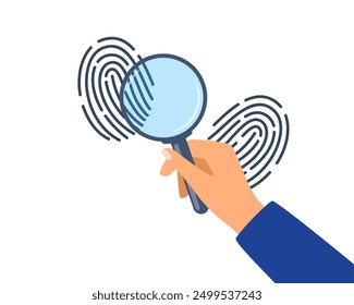 Man looking through magnifying glass at fingerprints. Hand holding loupe for identification. Identity, evidence concept. Vector illustration