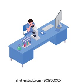 Man looking through microscope in science laboratory isometric vector illustration