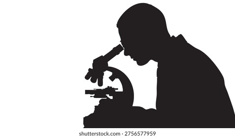 Hombre mirando a través del microscopio, silueta, ciencia, laboratorio